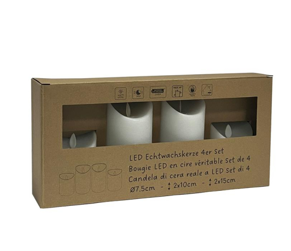 LED Wachskerze 4er Set weiss rustic beweglicher Flamme D:7cm / 2x H:10cm + 2x H:15cm